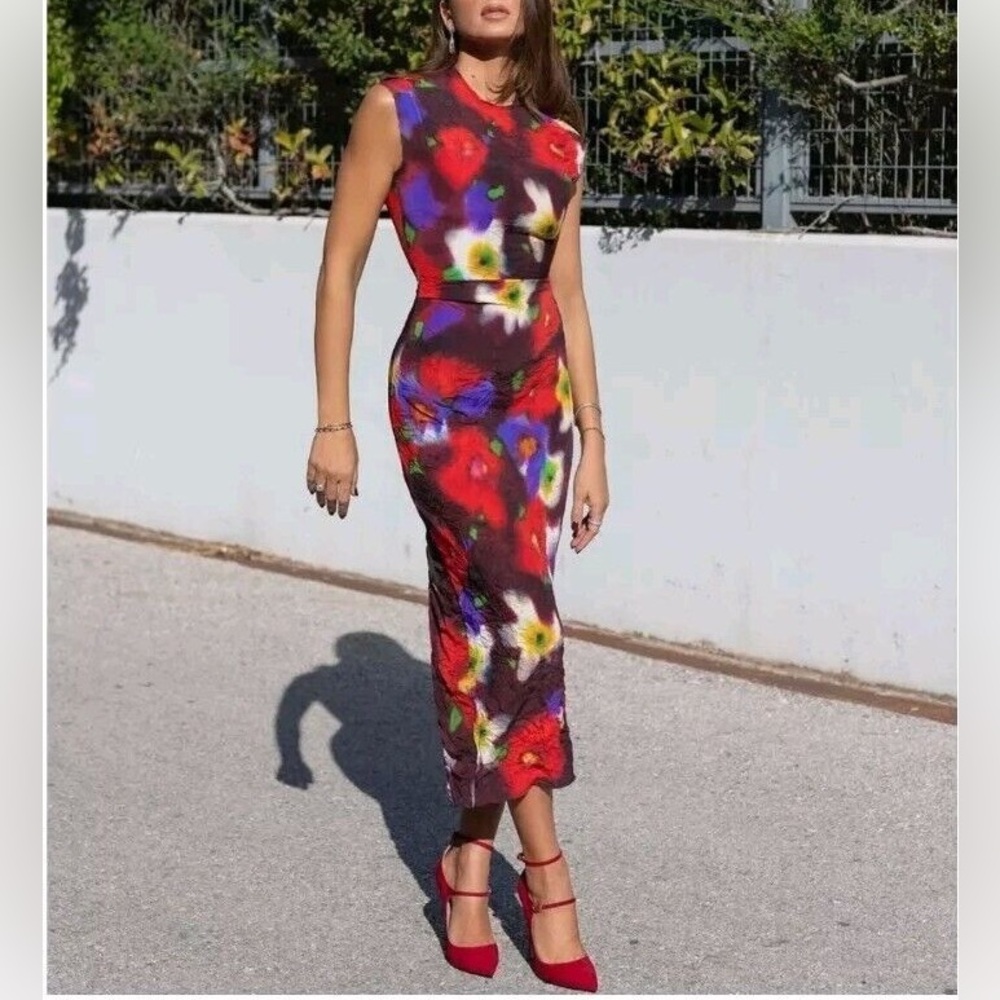 NWT Zara ZW collection red purple green yellow floral watercolor midi dress M